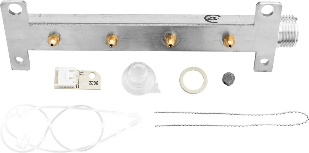 Gasinstallationszubehör von Bosch, bestehend aus einem Metallträger mit verschiedenen Anschlüssen, einer Platine und weiteren Kleinteilen zur Umrüstung auf Erdgas.